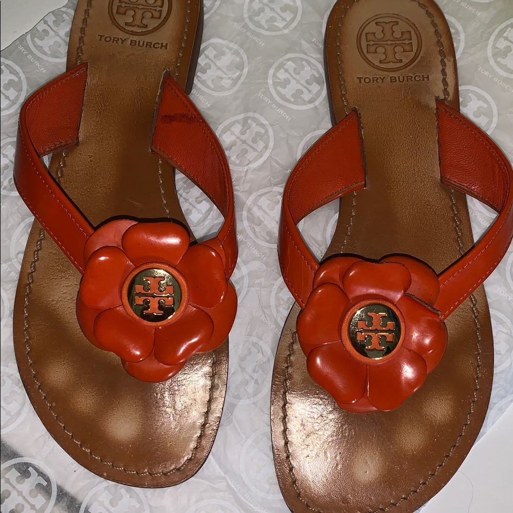 Tory Burch rare breely Bright Orange Flower Sandals 7.5